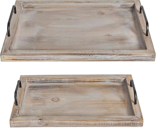 Besti Rustic Vintage Food Serving Trays (Set of 2) | Nesting Wooden Board with Metal Handles | Stylish Farmhouse Decor Serving Platters | Large: 15 x2 x11” - Small: 13 x2 x9” inches (Rustic)