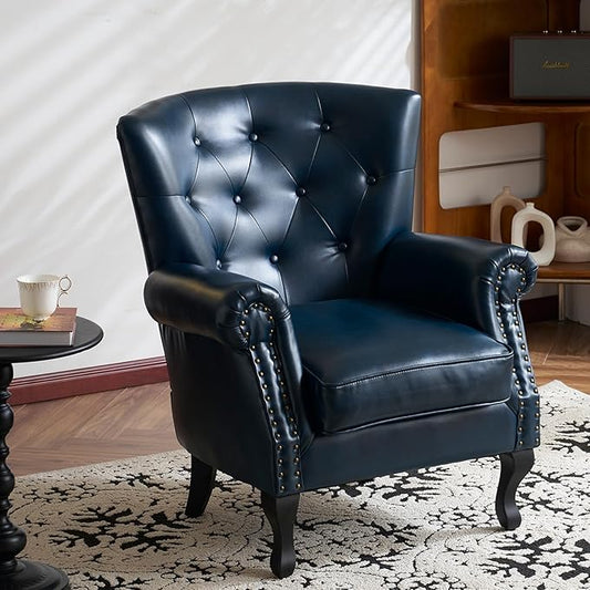 Modern Faux Leather Accent Chair, Upholstered Mid-Century Armchair with Solid Wood Legs, Single Sofa Chair for Living Room, Bedroom, or Reading Room（Navy）