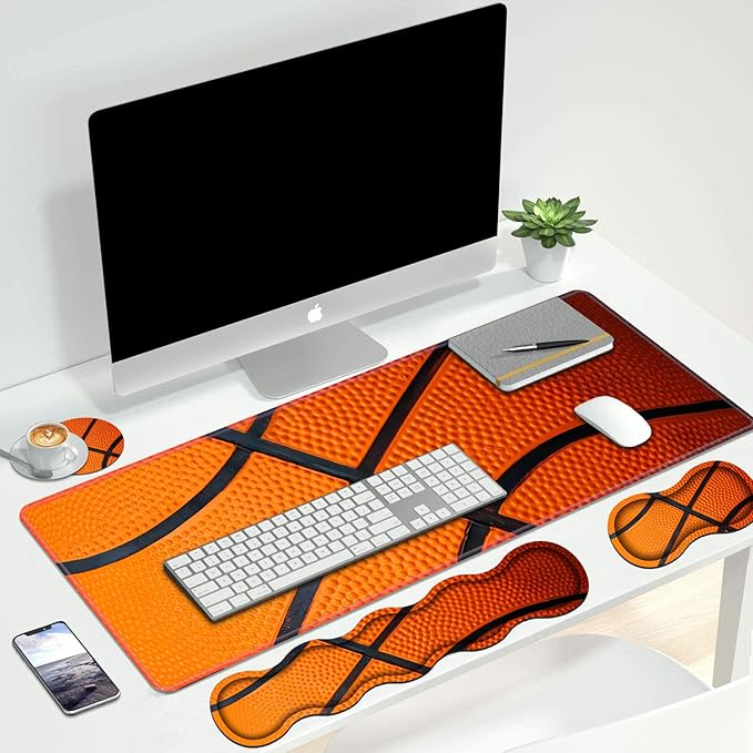 4 in 1 Ergonomic Keyboard Wrist Rest & Mouse Pad Wrist Rest Set, Large XXL Gaming Desk Mat 31.5"x 11.8" with Non-Slip Base, Memory Foam for Home Office Study Gaming, Basketball Surface