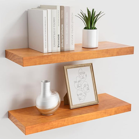 Pine Floating Wall Shelves Set of 2, 16 Inches Long x 8”x 1.4” Shelf Floating Rustic Farmhouse Decor, Heavy Duty Shelf, Wall Shelves for Bathroom Living Room Kitchen Bedroom Office, Honey Oak