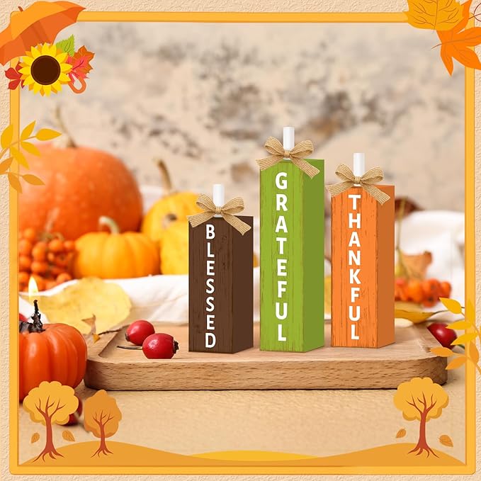 3 Pcs Fall Decorations for Home Wooden Thanksgiving Tiered Tray Decor, Thankful Fall Table Decor Vintage Farmhouse Autumn Harvest Tabletop Centerpieces Table Sign Kitchen Indoor Mantel