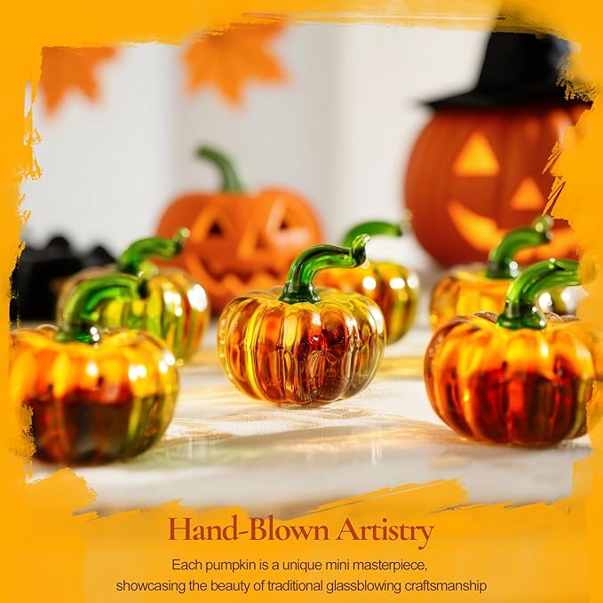 H&D HYALINE & DORA 6 Pcs Blown Glass Pumpkin Figurines Crystal Halloween Pumpkin Paperweight for Home Fall Harvest Thanksgiving Halloween Decor