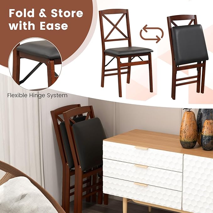 Giantex Folding Dining Chairs Set of 2, Foldable Wood Kitchen Chairs with Padded Seat, Solid Wood Frame, Max Load 400 Lbs, No Assembly Easy to Store Wooden Dining Chairs for Apartment, Small Space