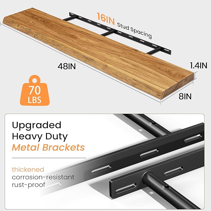 Fun Memories Floating Shelves for Wall Decor, Rustic Solid Elm Wood Live Edge Floating Shelves Wall Mounted, Heavy-Duty Shelf with Invisible Bracket for Living Room Kitchen, 48 Inch Set of 1, Natural