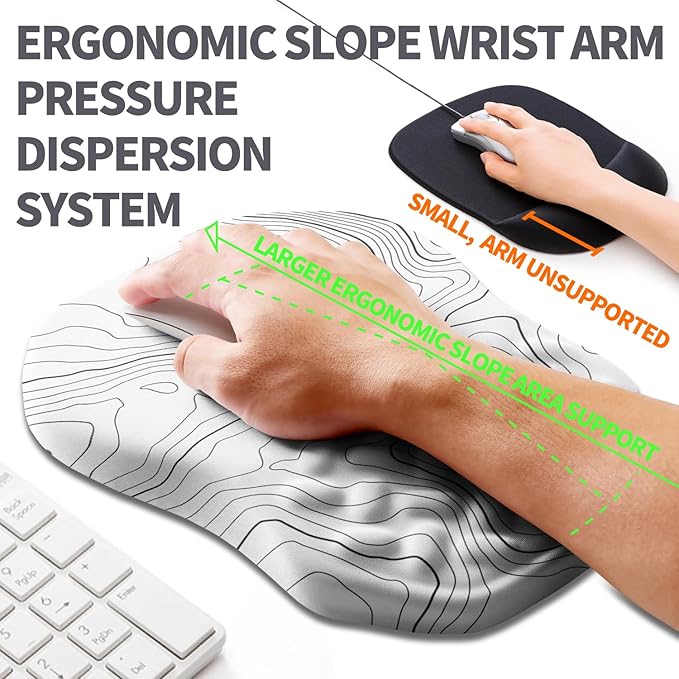 Ergonomic Slope Mouse Pad Wrist Support, Wrist Rest Mousepad for Carpal Tunnel Pain Relief with Massage Bulge and Slow Rebound Memory Foam (12x8 inch, White Contour Lines)