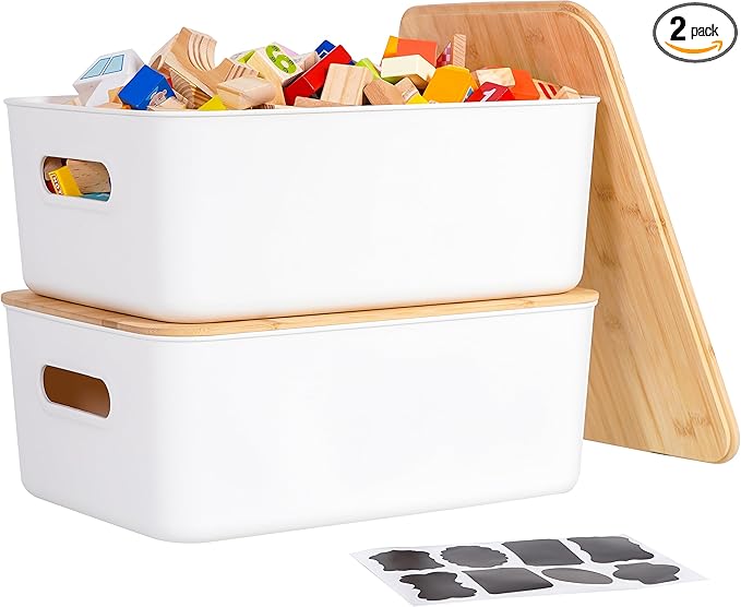 Citylife 2 PCS Storage Bins with Bamboo Lids Plastic Storage Containers for Organizing Stackable Storage Box with Handle, 15.12 x 10.67 x 5.98 inch