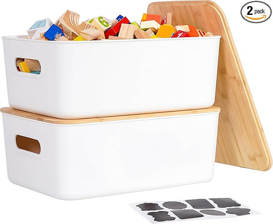 Citylife 2 PCS Storage Bins with Bamboo Lids Plastic Storage Containers for Organizing Stackable Storage Box with Handle, 15.12 x 10.67 x 5.98 inch