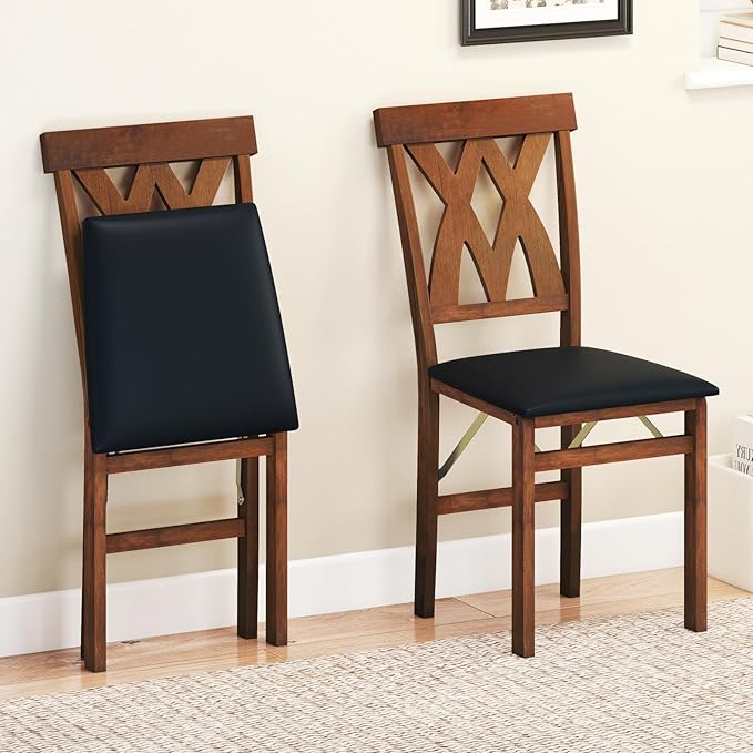 GOFLAME Folding Dining Chairs Set of 4, Foldable Kitchen Chairs with PVC Leather Padded Seat and Rubber Wood Frame, Elegant Hollowed Backrest, Wooden Dinner Chair Set for Dining Room, Walnut