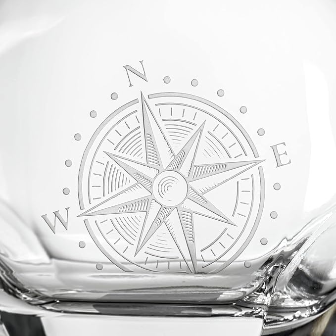 Rolf Glass Compass Star 23oz Whiskey Decanter and 2-10oz On the Rocks Glass 3pc Set | Perfect for Bourbon and Whiskey | Stylish Drinkware for Home Bar and Whiskey Lovers