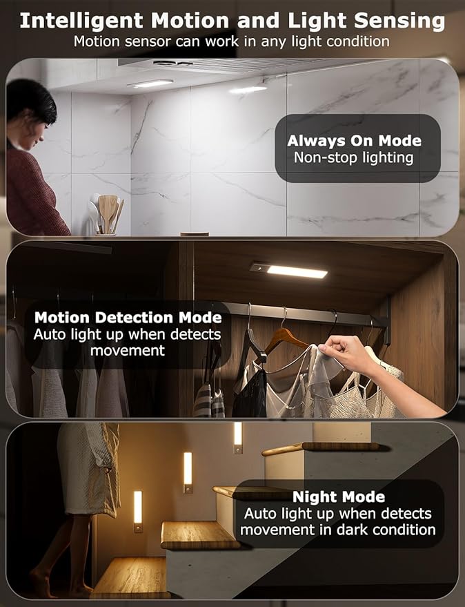 8" Ultra-Thin Under Cabinet Lighting Wireless, Aluminum Alloy Under Counter Lights for Kitchen, 3-Color-Temps Magnetic Closet Lights, Rechargeable Motion Sensor Light Indoor (6 Pack, Silver)