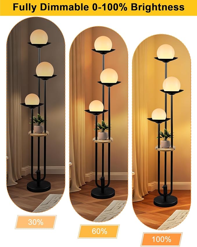 Lightdot 63IN Globe Floor Lamp with Shelf 3-Lights Modern Dimmable Floor Lamps with 3000K Soft Warm White Bulbs for Wedding/Party, Black Tall Standing Lamp for Living Room/Bedroom