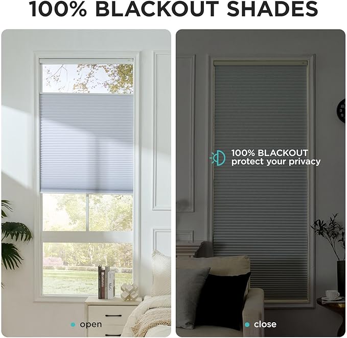 Joydeco No Tools No Drill Blinds for Indoor Windows, Cordless Window Blinds Cellular Shades Top Down Bottom Up Blackout Honeycomb Blinds Thermal Insulated Noise Reduction (White, 37" W x 64" H)
