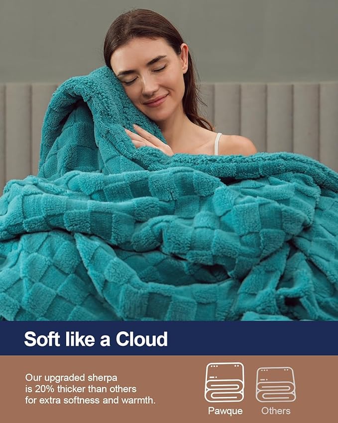 Pawque Super Soft Cozy Throw Blanket Queen Size for Couch Bed, Fluffy Sherpa Fleece Reversible Thick Warm Fuzzy Blanket for All-Season, 3D Checkered Jacquard Decorative Blankets, Teal Green, 90"x90"