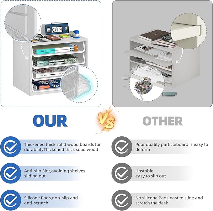 Simple Trending Desk File Organizers, 4-Tier Letter Tray Paper Organizer with File Holder, Wooden Paper Sorter for Office Supplies, White