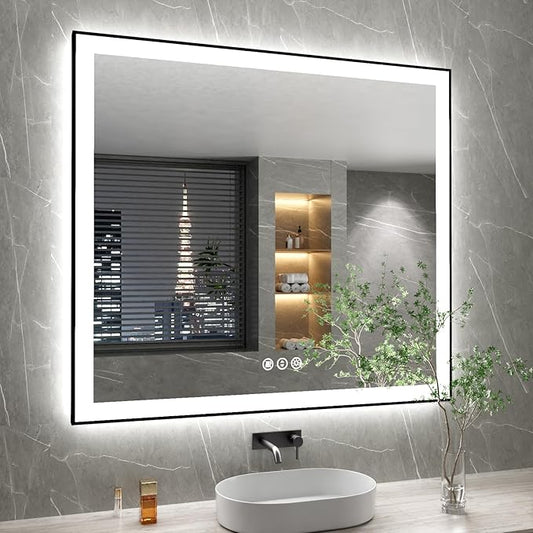 40x38 Inch LED Bathroom Mirror with Black Frame, Backlit and Front Lighted Bathroom Mirrors for Wall, Anti-Fog, Dimmable, Memory, Shatterproof, LED Vanity Mirror for Bathroom