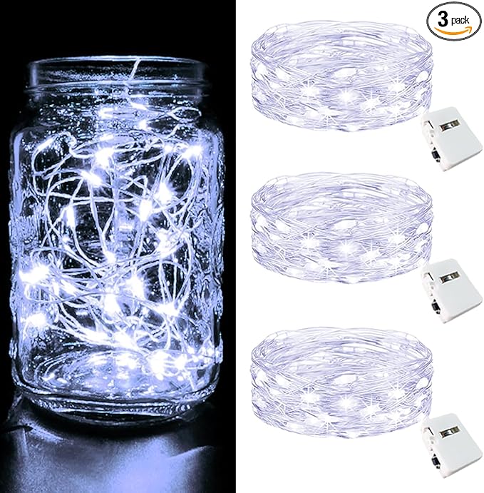 btfarm 3 Pack LED Fairy Lights Battery Operated [3 Modes] Twinkle Lights, 7FT 20 LED Mini String Lights Mason Jars Silver Wire Small Christmas Wedding Party, Cool White
