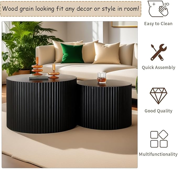 Modern Round Wooden Nesting Coffee Table Set of 2 Circle Tables with Non-Slip Feet, Accent Side End Table, Saving Space Design and No Need Assembly (ELARGE)