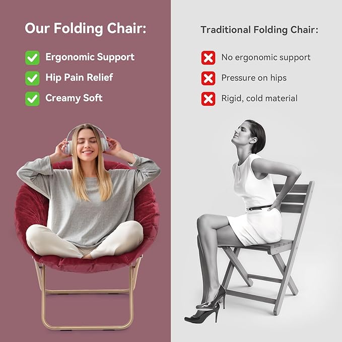 Magshion Saucer Chair for Adults, Comfy Living Room Lounge Chair for Bedroom Corner, Dorm, Apartment, Faux Fur Fluffy Circle Accent Seat with Thick Padded & Folding Metal Frame (Burgundy)