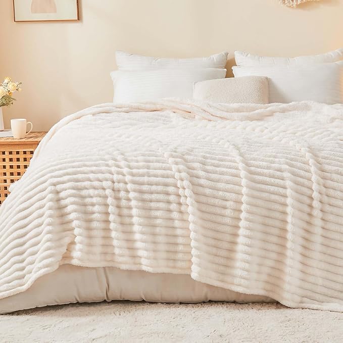 BEDELITE Full Size Blanket for Bed, 300GSM Soft & Warm Fleece Cream White Blanket, Decorative and Giftable Striped Blankets for Women, Men, 84"x90"