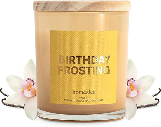 Homesick Scented Candles for Home (Birthday Frosting) - 7.5 oz Long-Lasting Natural Soy Wax Blend Jar Candle Gift for Women & Men, 30-35 Hours Burn Time - Notes of Orange Flower & Honey