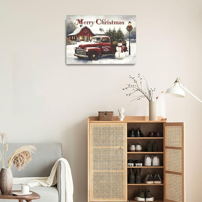 Christmas Pick-Up Truck Wall Art Christmas Tree Canvas Wall Decor Farm Barn Pictures Paintings Prints Snowman Artwork Framed Winter Holidays Decorations For Bathroom Bedroom Living Room Office Gifts 24" x 16"