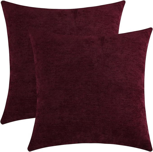 Burgundy Red Chenille Decorative Couch Throw Pillow Covers, Soft Cushion Cases for Home Livingroom Sofa Décor, Pack of 2, 20 x 20 Inches