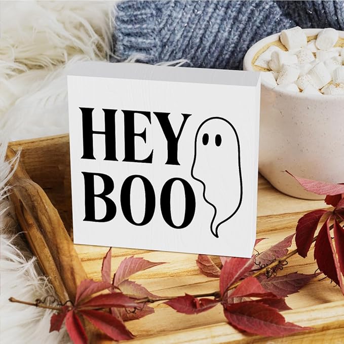 HTBIG Cute Ghost Halloween Hey Boo Wooden Box Sign Office Decor Room Decor, Suitable family room Computer Desk Dressing Table 5 x 5 Inch