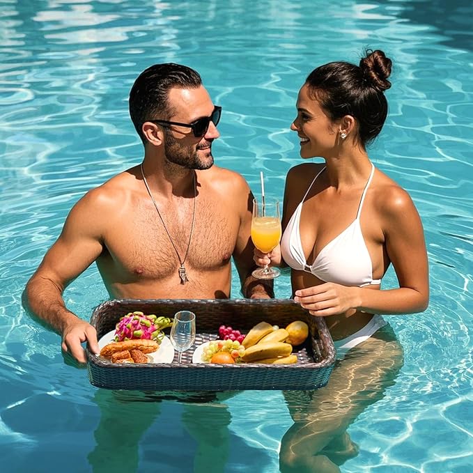 Floating Tray for Pool, Round Serving Tray for Swimming Pool Floats, for Hot Tub, Hot Spring, Beach Party, Pool Serving Drinks, Brunch (Brown, Small)