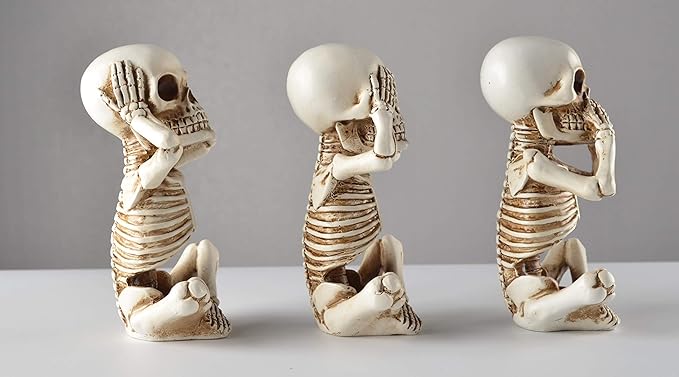 JORAE Skeletons Statue Hear See Speak No Evil Baby Halloween Figurines Home Decorative, Set of Three, 4.8 in, Oyster White Polyresin
