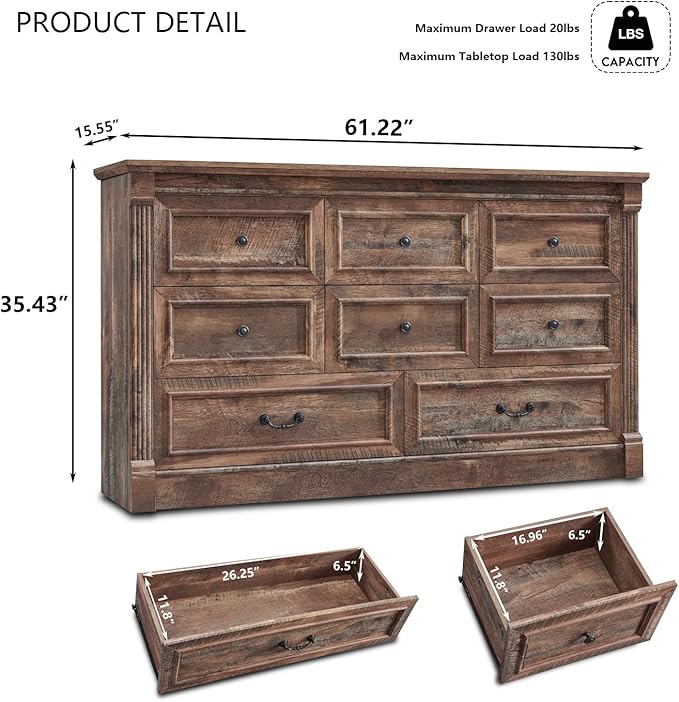 8 Drawers Dresser for Bedroom, Farmhouse 61" Wide Dressers & Chests of Drawers w/Roman Column, Large Storage Dressers Organizer w/Two Different Drawer Sizes for Bedroom,Living Room,Light Brown