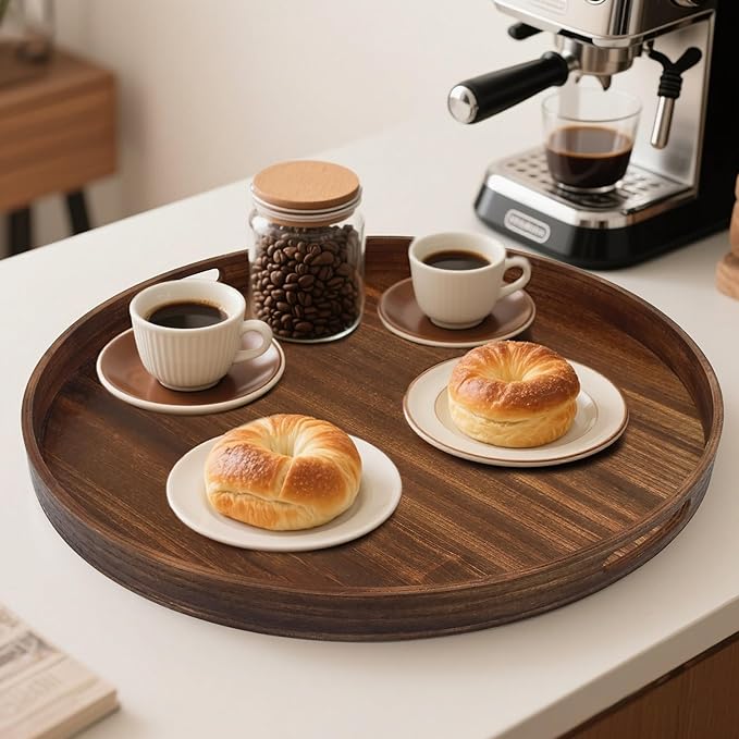 Round Decorative Tray, Extra Large Wooden Serving Tray with Handles, 11.8in Vintage Brown Decorative Trays for Coffee Table,Kitchen Counter,bandejas decorativas