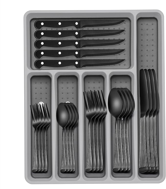 49-Piece Black Silverware Set with Organizer, Stainless Steel Roman Column Black Flatware for 8, Cutlery Utensil Sets with Steak Knives, Rust-proof, Mirror Polished, Dishwasher Safe