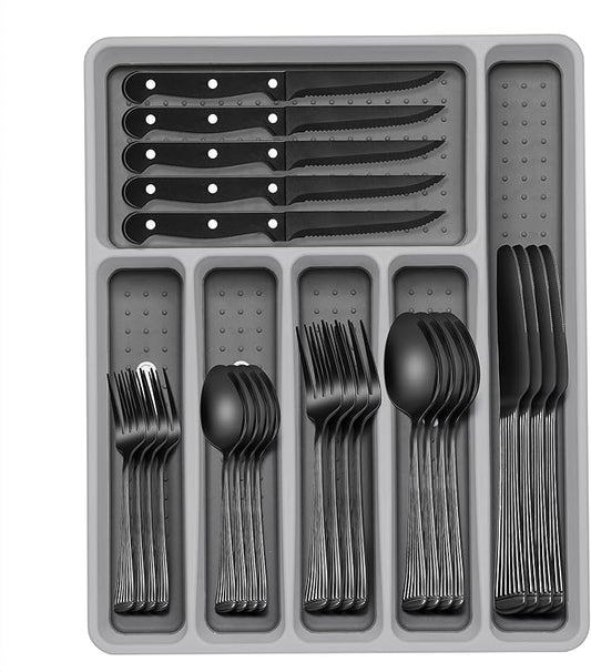 49-Piece Black Silverware Set with Organizer, Stainless Steel Roman Column Black Flatware for 8, Cutlery Utensil Sets with Steak Knives, Rust-proof, Mirror Polished, Dishwasher Safe