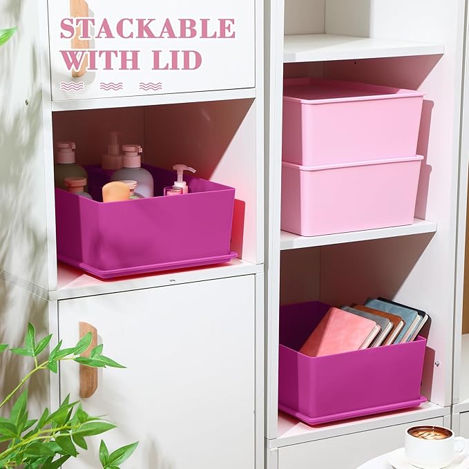 Menkxi 4 Pcs Storage Bins with Lids Plastic Containers Stackable Storage Box Baskets for Organizing Shelves(Dark Pink, Light Pink,Large)