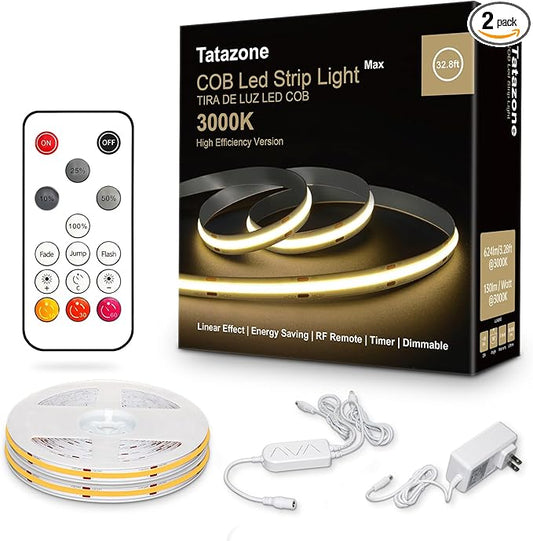 32.8ft 3000K Bright COB LED Strip Light, Dimmable, Warm White, Indoor, RF Remote, Adhesive, for Living Room, Shelf, Cabinet, Kitchen, 2 Rolls of 16.4ft