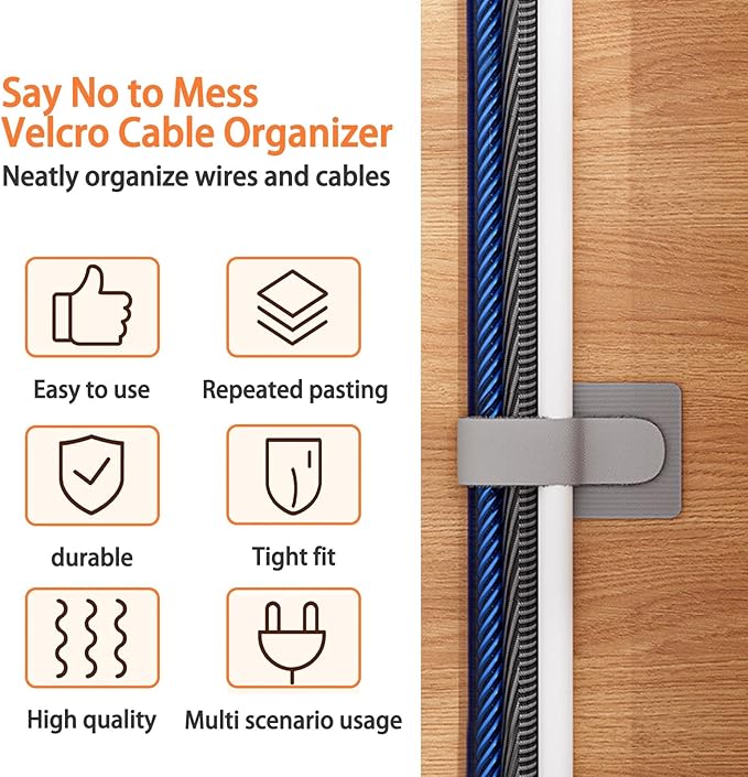 Hook and Loop Cable Straps, Cable Management Under Desk, Adjustable Cord Organizers for Desk, Self Adhesive Cable Ties, Cable Clip,Home Office Essentials, 50PCS (Black+Grey)