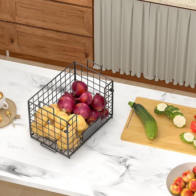 keomaisyto 2 Set XL Stackable Wire Baskets with Bamboo Top- Pantry Organizers and Storage, Kitchen Organization Counter Storage Bins for Potato/Onion/Fruit/Vegetable/Produce, Under Sink Organizing