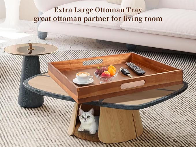 Serving Tray with Handles, 20 Inch Large Square Ottoman Tray Acacia Wood Decorative Tray for Living Room, Ottoman Coffee Table, Kitchen, Appetizers, Breakfast, Patio, Party