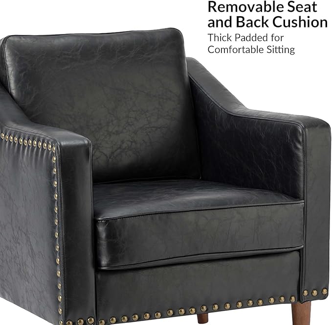 HULALA HOME Faux Leather Accent Armchair with Back & Seat Cushions, Traditional Club Chair with Nailhead Trim, Comfy Upholstered Sofa Chair for Bedroom & Living Room, Black
