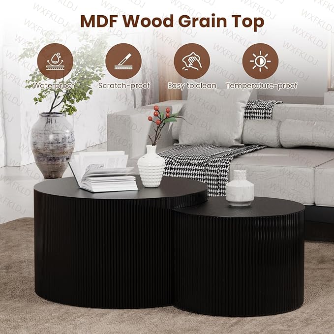 Nesting Coffee Table Set of 2 Modern Round Coffee Table with Non-Slip Feet Wood Drum Circle Accent Tables End Table Set for Living Room Bedroom Office (Black Crescent Set)