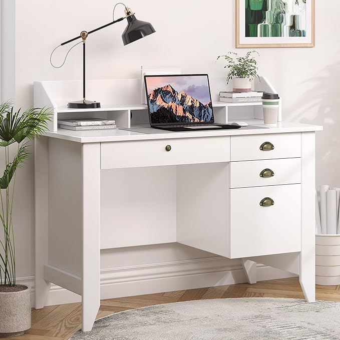 4 EVER WINNER White Desk with Drawers, Small Desk with File Drawer for Small Spaces, Computer Desk with Monitor Stand Wood Table for Home Office, White