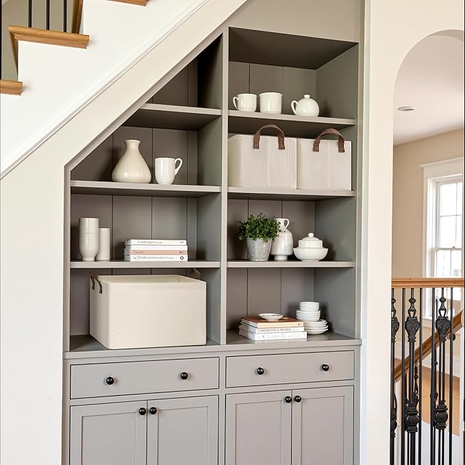 StorageWorks Storage Bins, Shelves Baskets for Organizing, Fabric Closet Organizers with Handles, Metal Frame, Beige（Texture）, 2-Pack