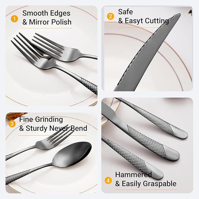 24-Piece Black Hammered Silverware Set, Food-Grade Stainless Steel Flatware Service for 6, Modern Cutlery Utensil Set with Forks Knives Spoons, Mirror Polished, Dishwasher Safe for Home Kitchen Dining