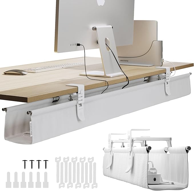 Ascrono Original No Drill Under Desk Cable Management Tray 53.9" - Premium White Fabric Cable Management Under Desk - Clamp/Screw Mount Cord Organizer - Supports Upto 66lbs - Extra Large