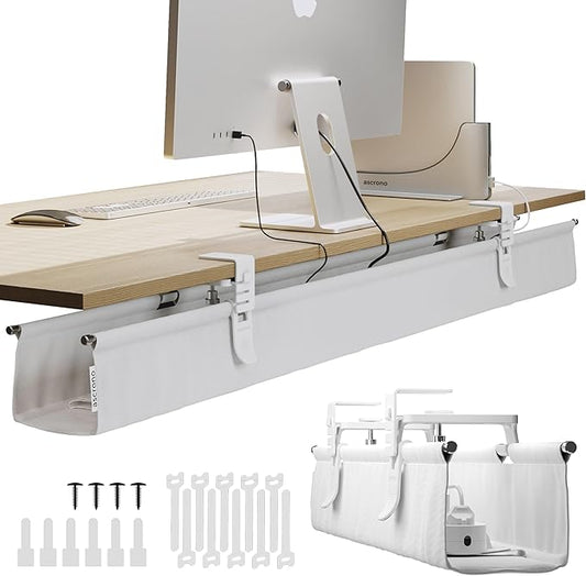 Ascrono Original No Drill Under Desk Cable Management Tray 53.9" - Premium White Fabric Cable Management Under Desk - Clamp/Screw Mount Cord Organizer - Supports Upto 66lbs - Extra Large