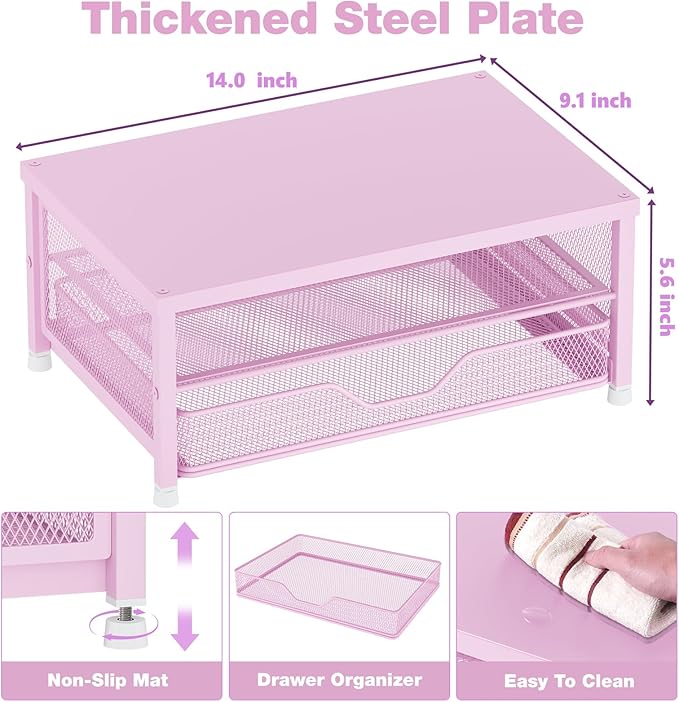 Desk Organizers and Accessories, 2-Tier Computer Monitor Stand Riser with Drawer, Laptop Stand, Office Desk Accessories, Workspace Desktop Organizer for Office Supplies, Pink