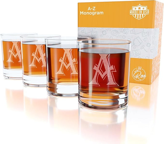 Monogrammed Gifts for Men - 4PC 11 Oz Custom Whiskey Glasses (A-Monogram) - Engraved Whiskey Glasses - Personalized Whiskey Glasses - Unique Bourbon Glasses - Personalized Glass Gifts for Dad
