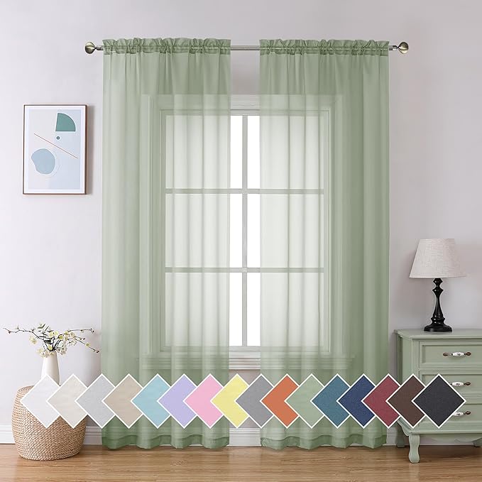 Aiyufeng Sheer Bedroom Curtains 2 Panel Sets 84" Inch Length - Transparent Light Weight Soft Sage Window Treatment Panels for Study Room/Living Room/Guest Room, Per Panel W40 X L84 inches