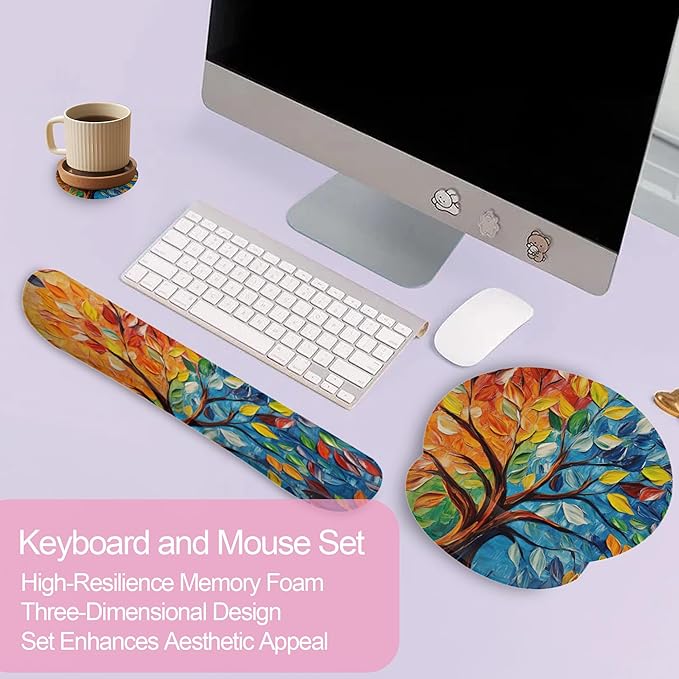 Tree of Life Mouse Pad with Wrist Rest and Keyboard Wrist Rest Set, Non-Slip Rubber Base Memory Foam Mouse Pad Set for Women, Office Desk Accessories, Gaming