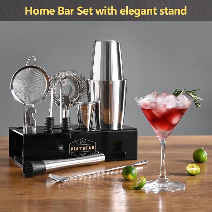 Mixology Bartender Kit | Home Bar Set Cocktail Shakers Bartending Kit | Bar Tools Boston Shaker Set with Stand | Professional Drink Mixing Martini Shaking Tins Barware Set w/Strainer